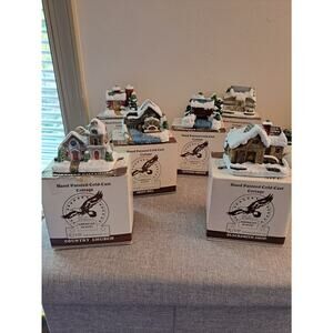 1989 American Rustic Hand-Painted Cold-Cast Christmas Village Complete Set